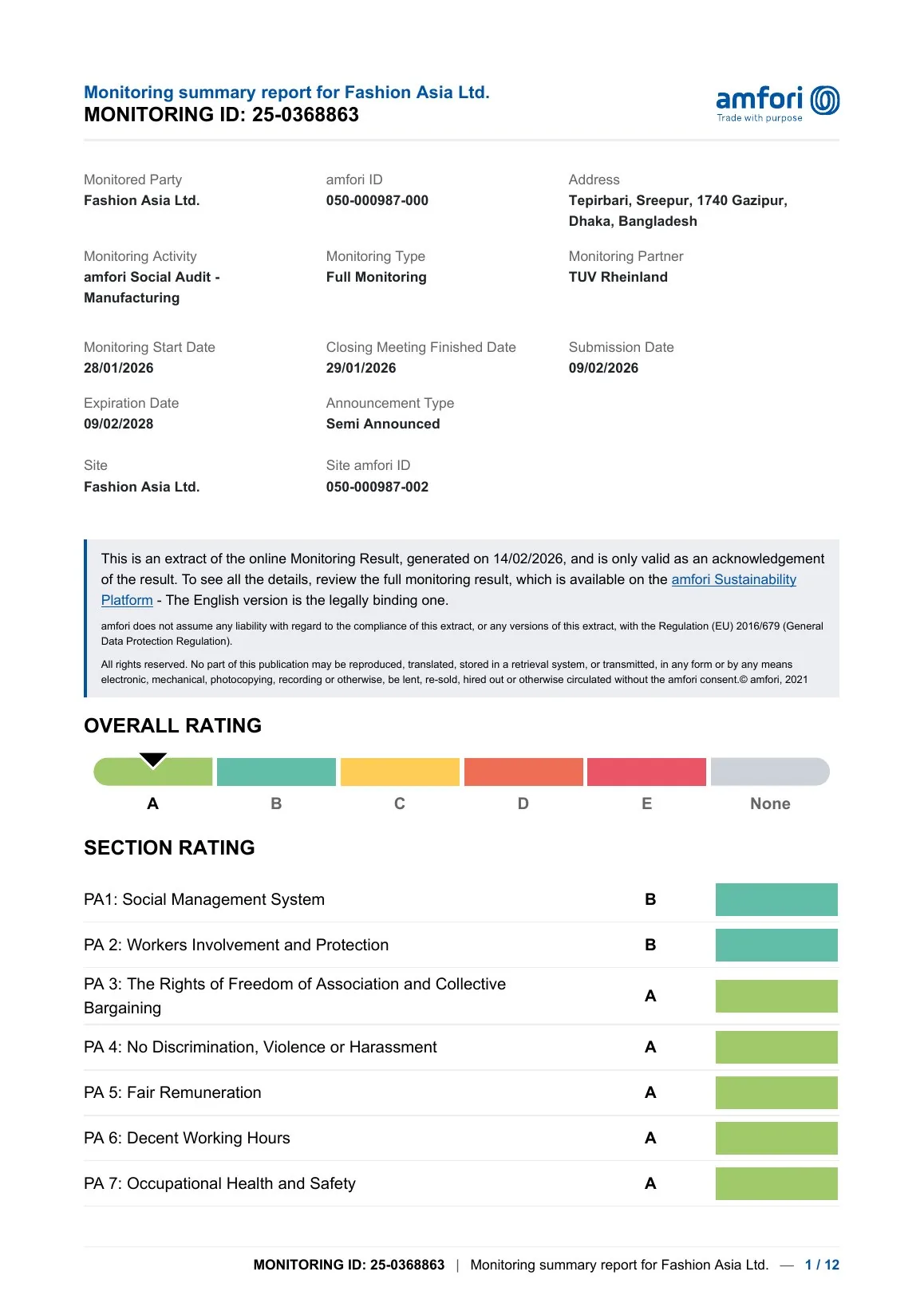 Fashion Asia amfori BSCI A-rated monitoring summary