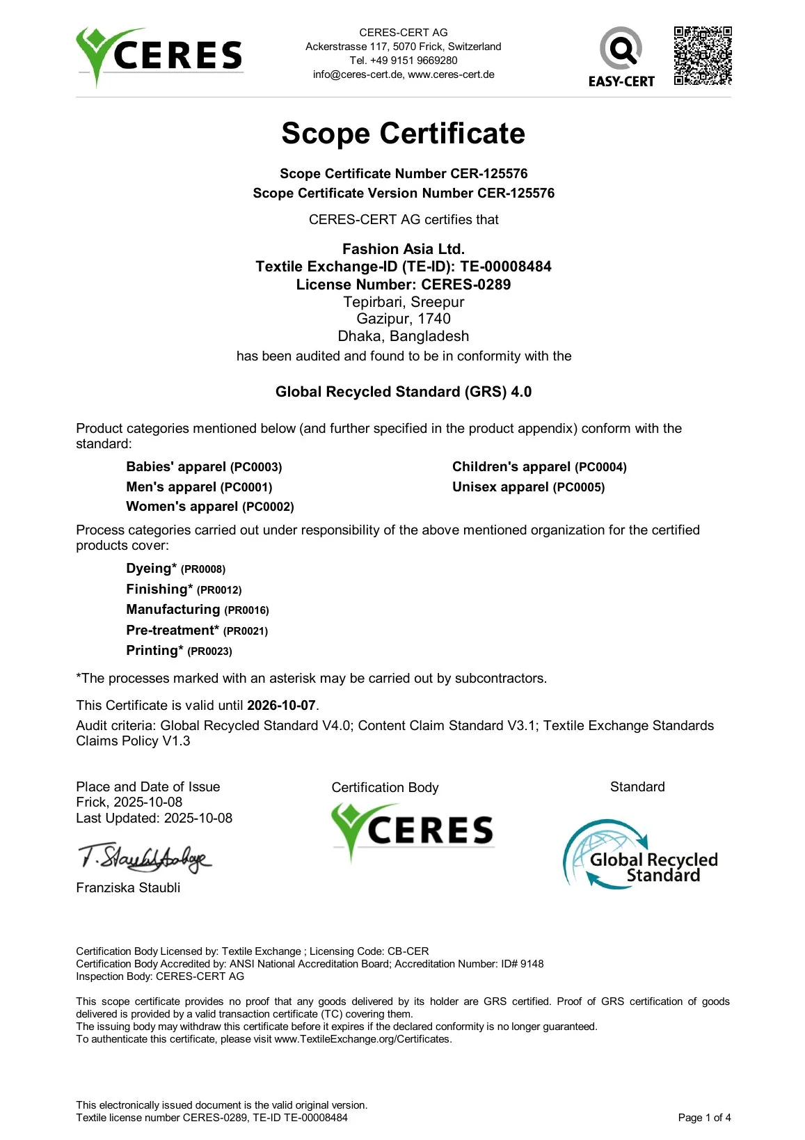 Fashion Asia GRS scope certificate