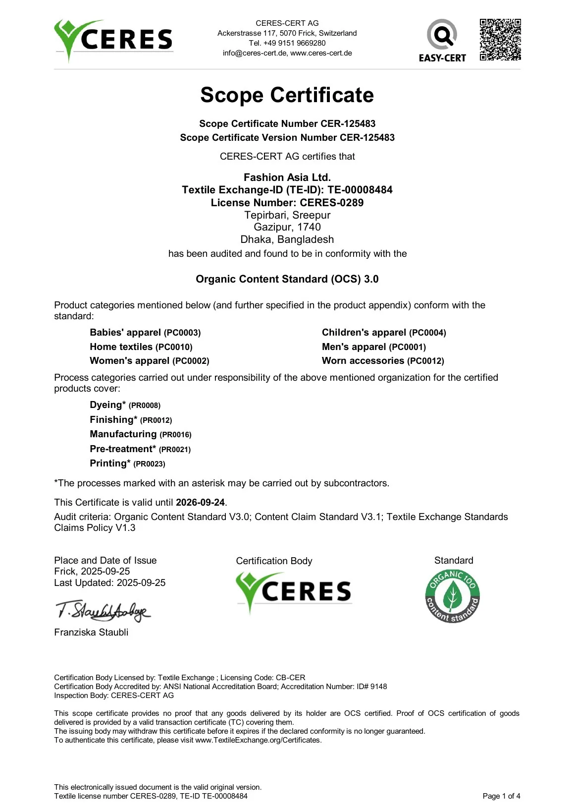 Fashion Asia OCS scope certificate