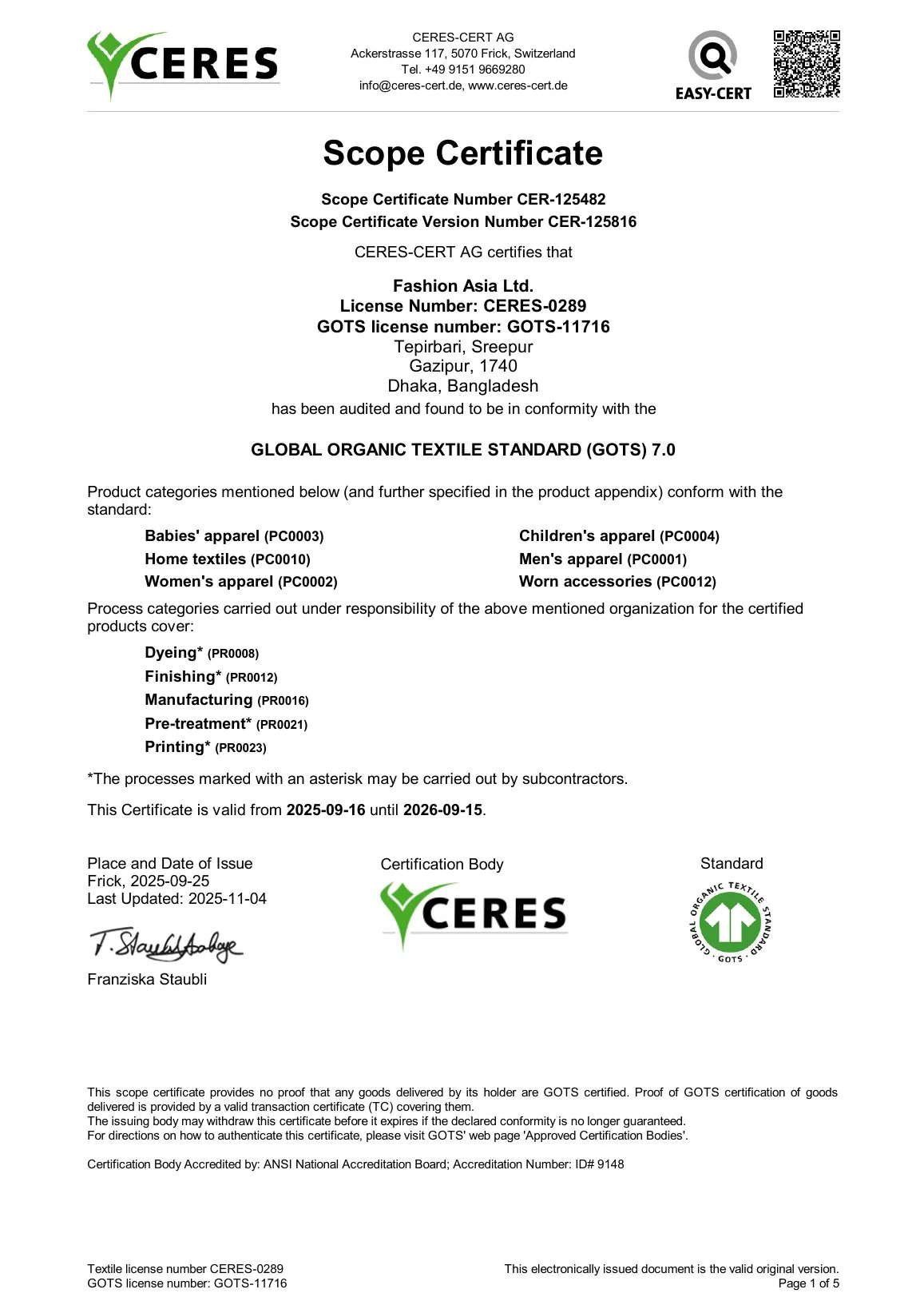 Fashion Asia GOTS scope certificate