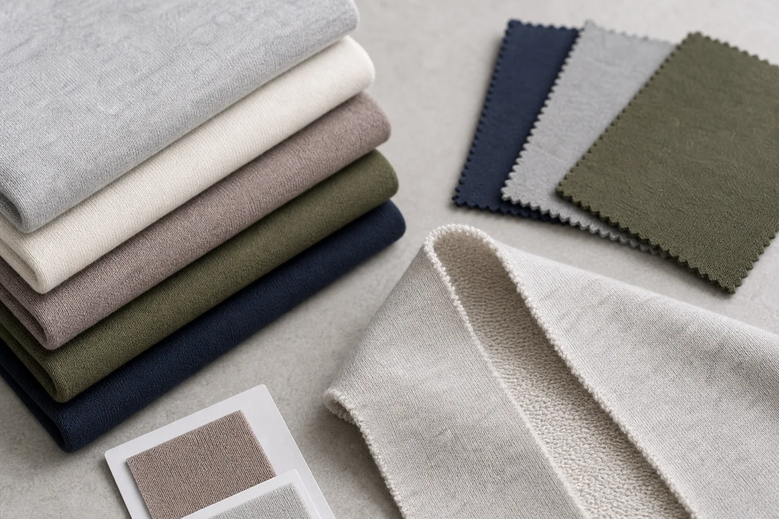 French terry fabric swatches showing smooth face and loop-back knit construction