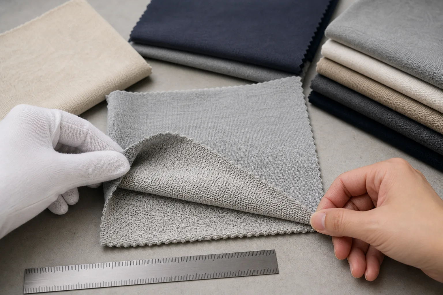 Buyer inspecting French terry loop-back fabric structure before sample approval