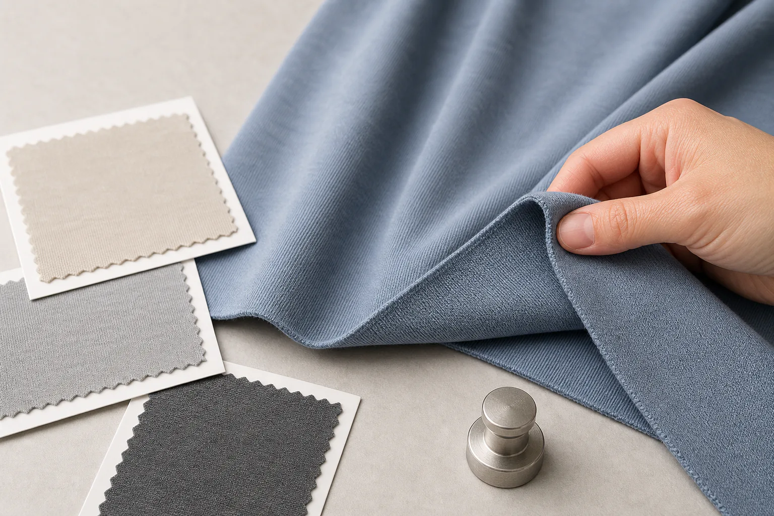 Buyer checking interlock knit fabric edge drape and swatches before bulk order