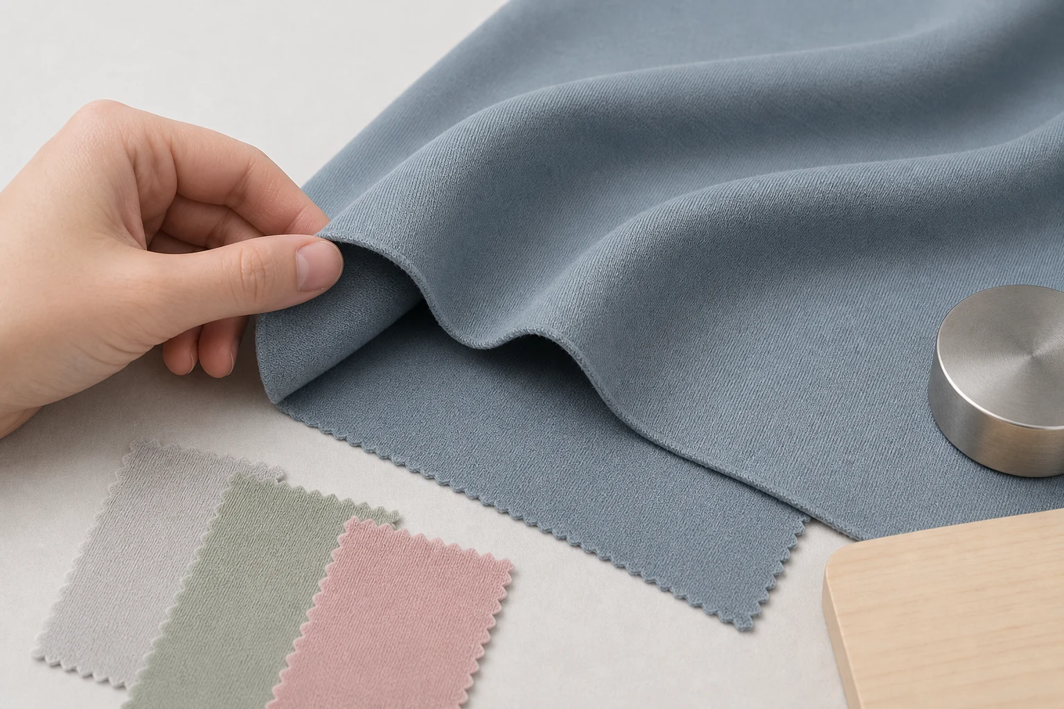 Buyer inspecting modal interlock fabric drape smooth double-knit faces and stable cut edge