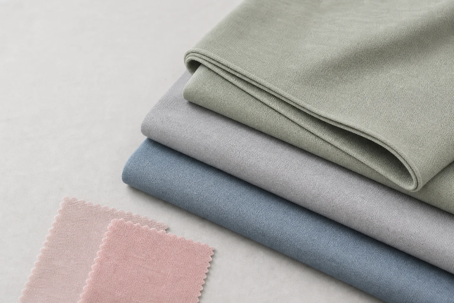 Modal interlock fabric swatches in soft neutral colors for T-shirts babywear and loungewear sourcing