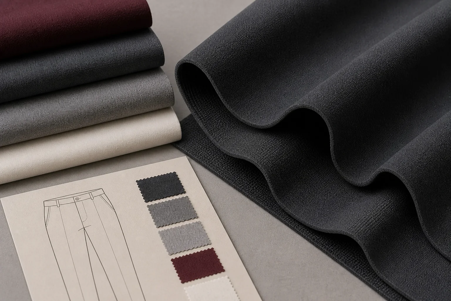 Inline Ponte Roma fabric texture and buyer checklist visual for trousers and dresses review