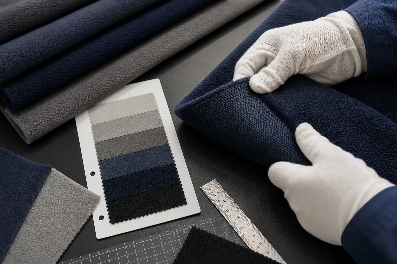 Thermal fleece sample inspection with swatches ruler and backing structure check