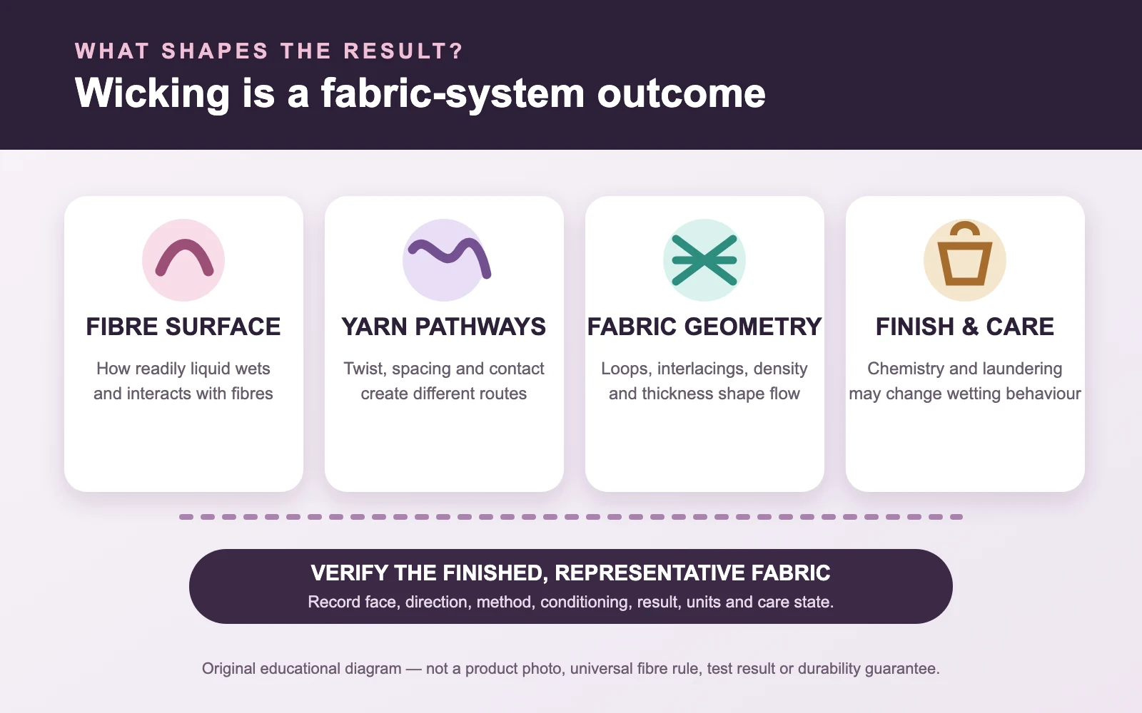 Educational diagram showing fibre surface, yarn pathways, fabric geometry, and finish and care as wicking factors