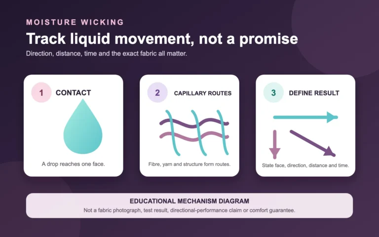 Educational diagram showing liquid contact, capillary pathways and measurable wicking directions in fabric