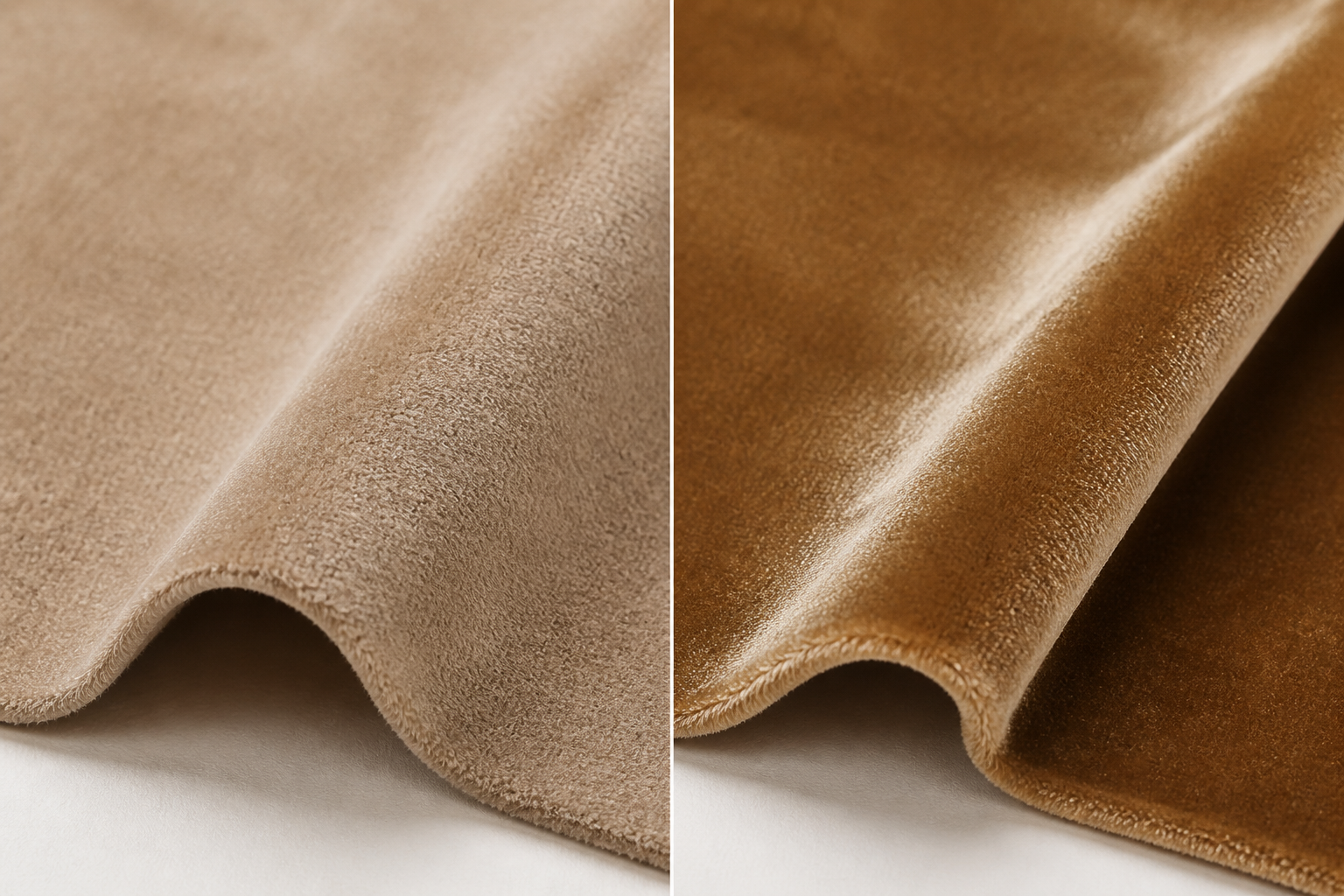 Close-up comparison of velour and velvet surface texture for buyer inspection