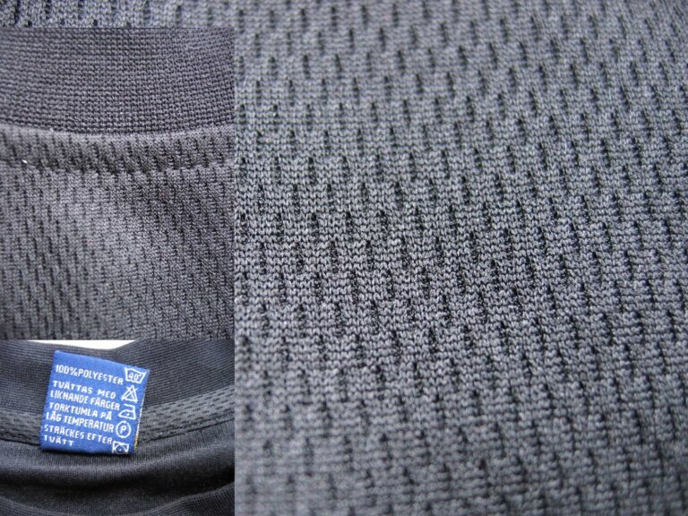 Care label and fabric views from one shirt identified as 100 percent polyester