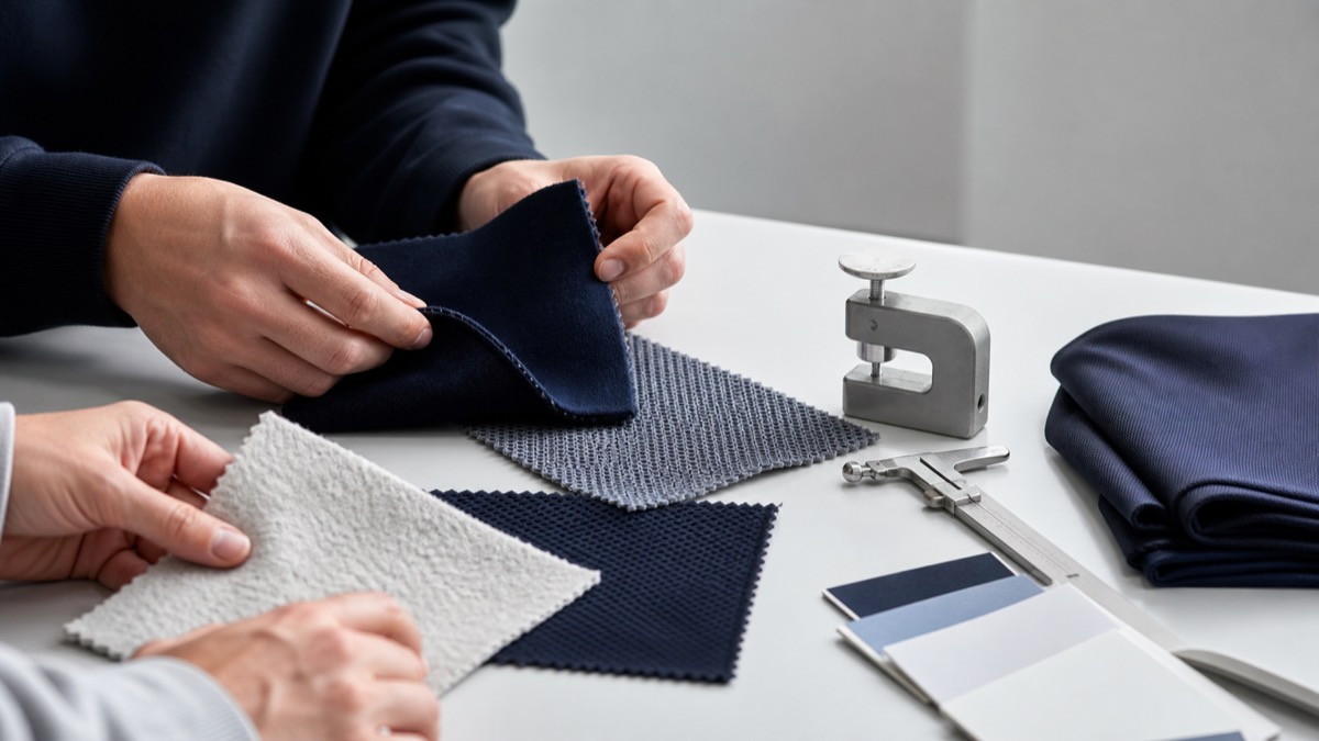 Fabric specialists reviewing knit material samples and specifications