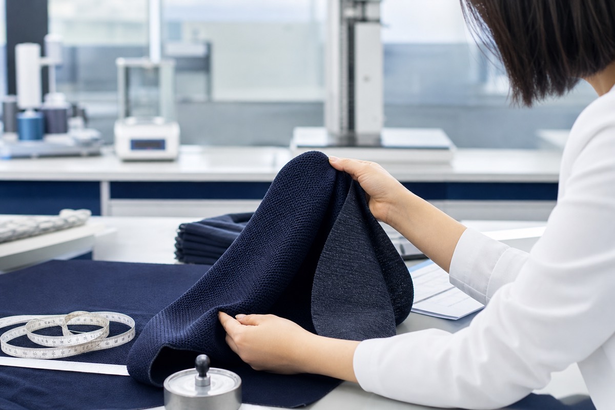 Illustrative fabric specification and handfeel review in a textile laboratory